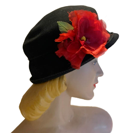 Red Poppy Trimmed Black Wool Hat circa 1940s