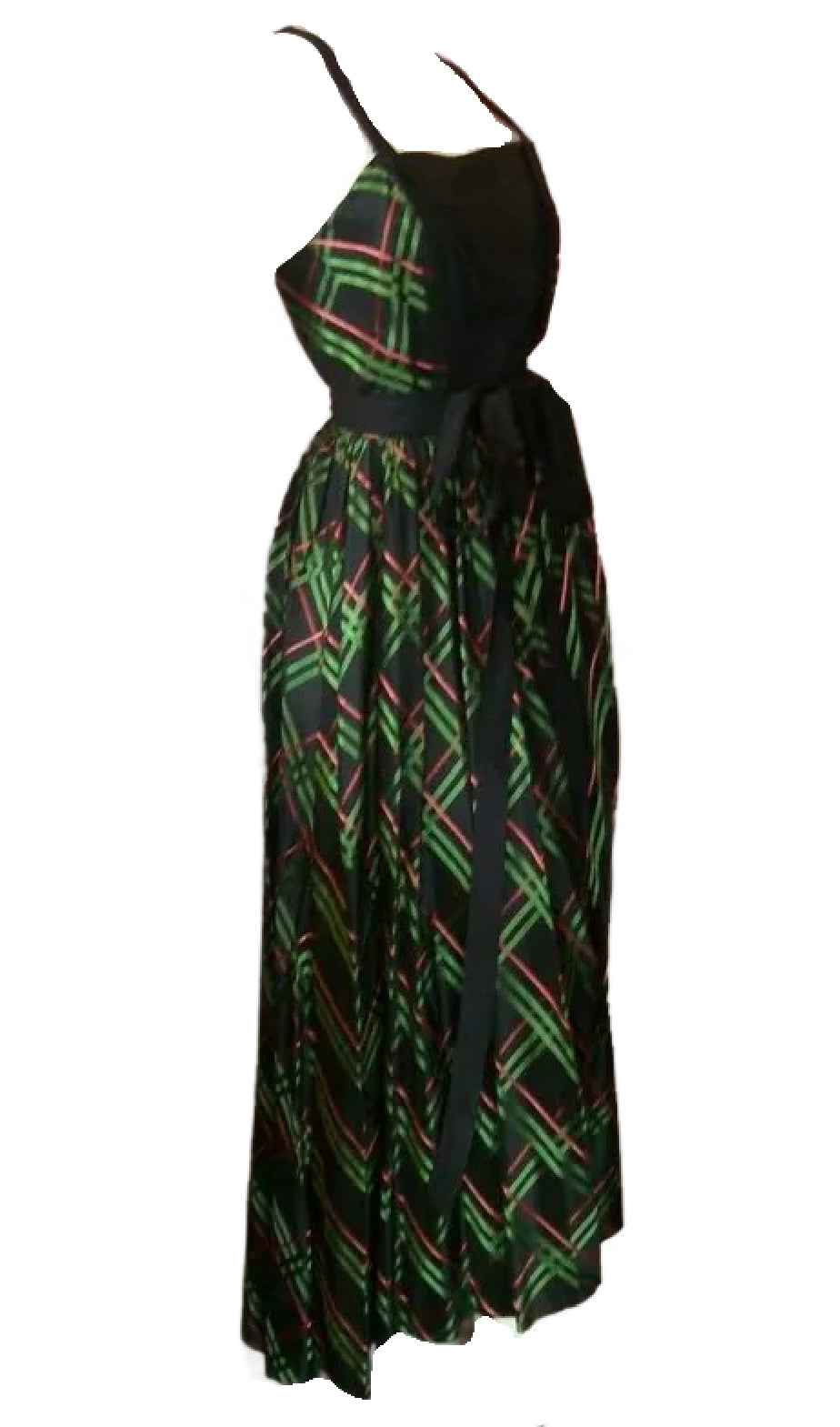 Black, Red and Green Shimmering Taffeta Dress with Bolero Jacket circa 1940s