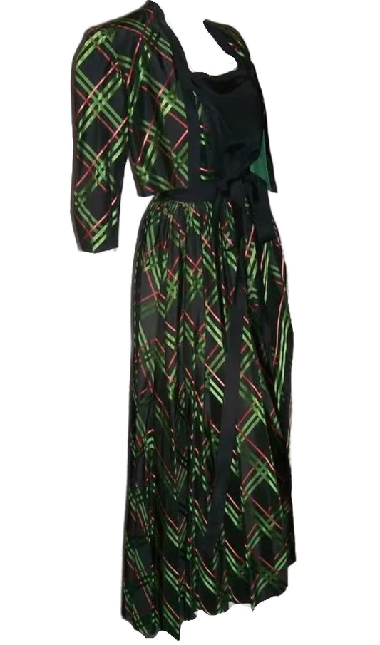 Black, Red and Green Shimmering Taffeta Dress with Bolero Jacket circa 1940s