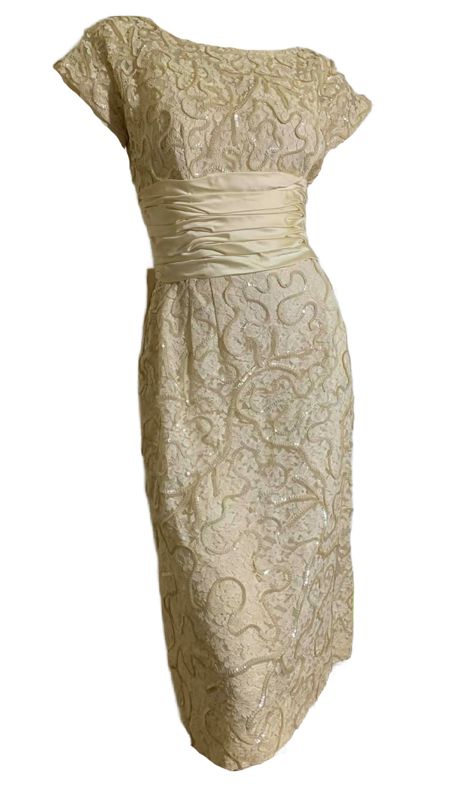Pale Ivory Lace and Sequin Cocktail Dress with Satin Waist and Bow Back circa 1950s