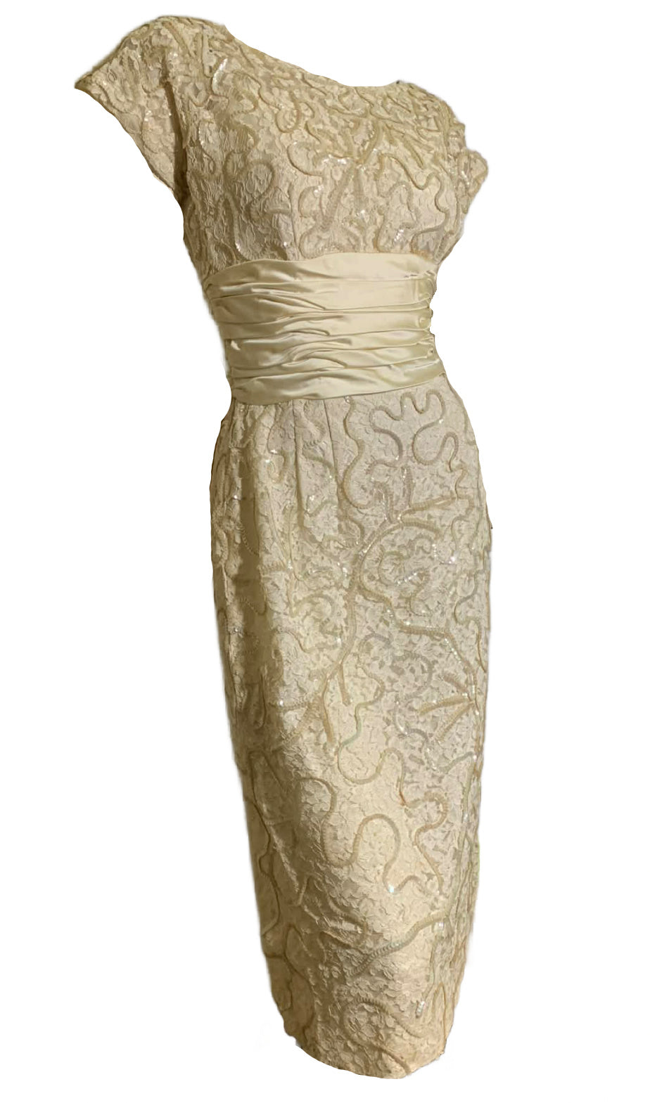 Pale Ivory Lace and Sequin Cocktail Dress with Satin Waist and Bow Back circa 1950s