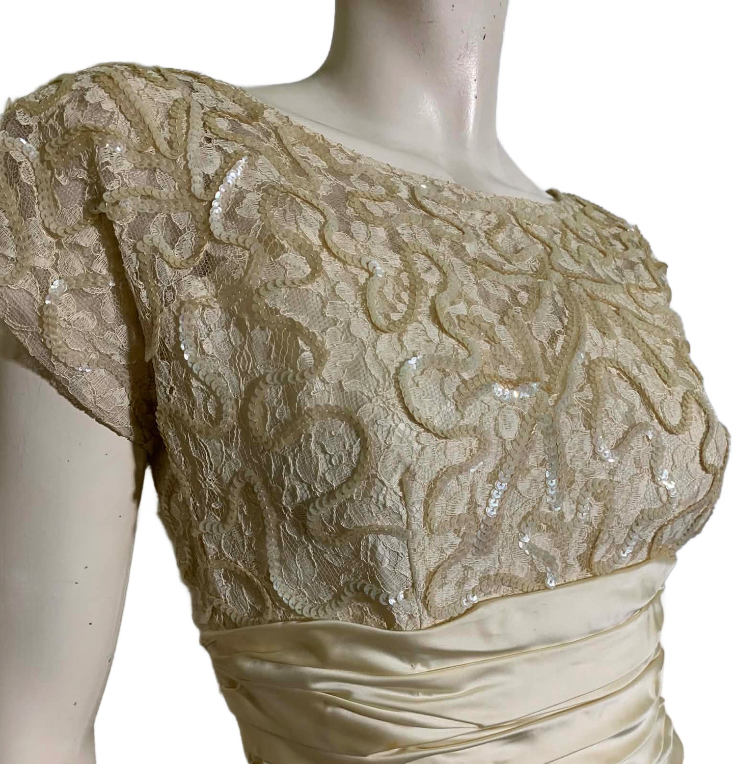 Pale Ivory Lace and Sequin Cocktail Dress with Satin Waist and Bow Back circa 1950s