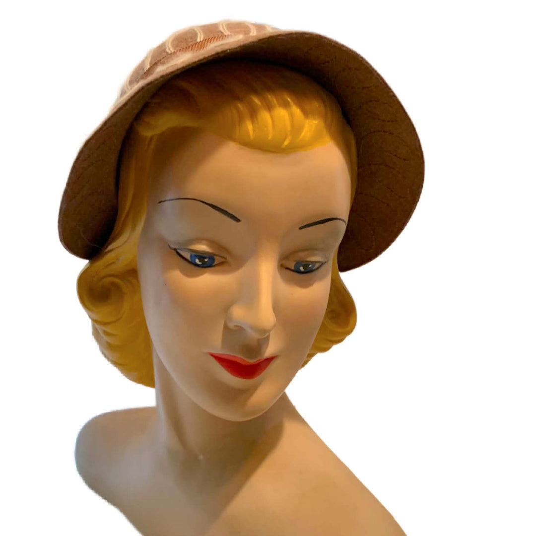 Speckled Mocha Felted Wool Hat with Embroidered Swirls circa 1940s