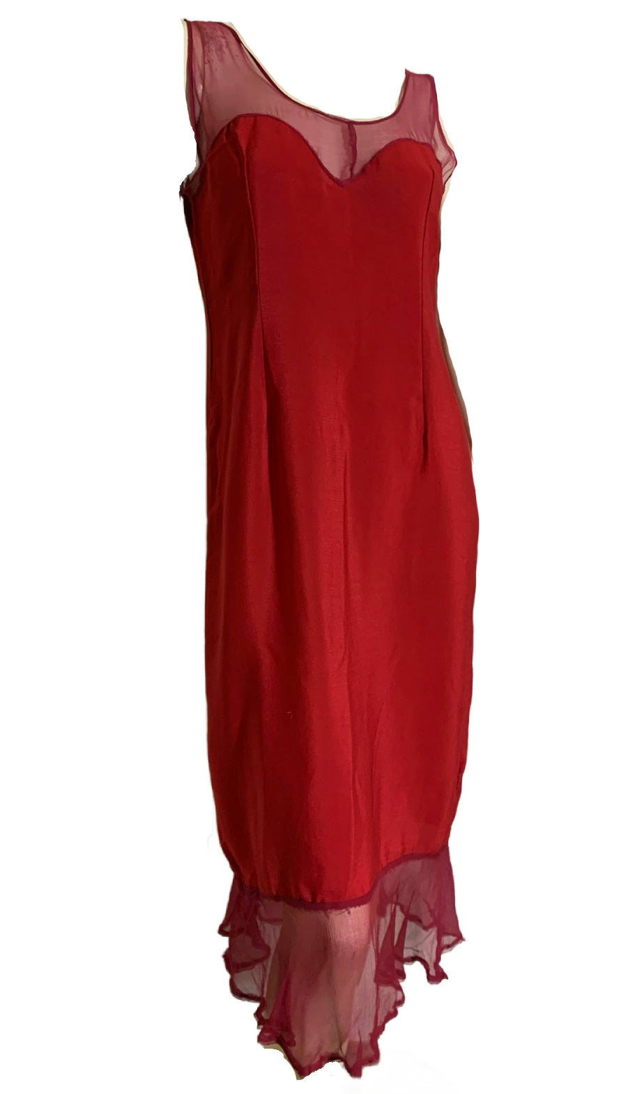 Rose Red Silk Slip Dress with Chiffon Neckline and Hem circa 1920s