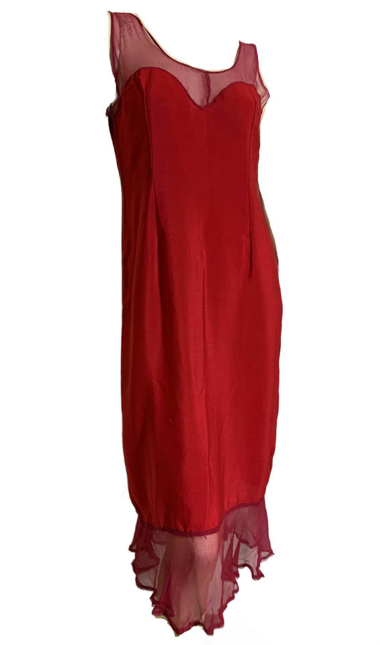 Rose Red Silk Slip Dress with Chiffon Neckline and Hem circa 1920s