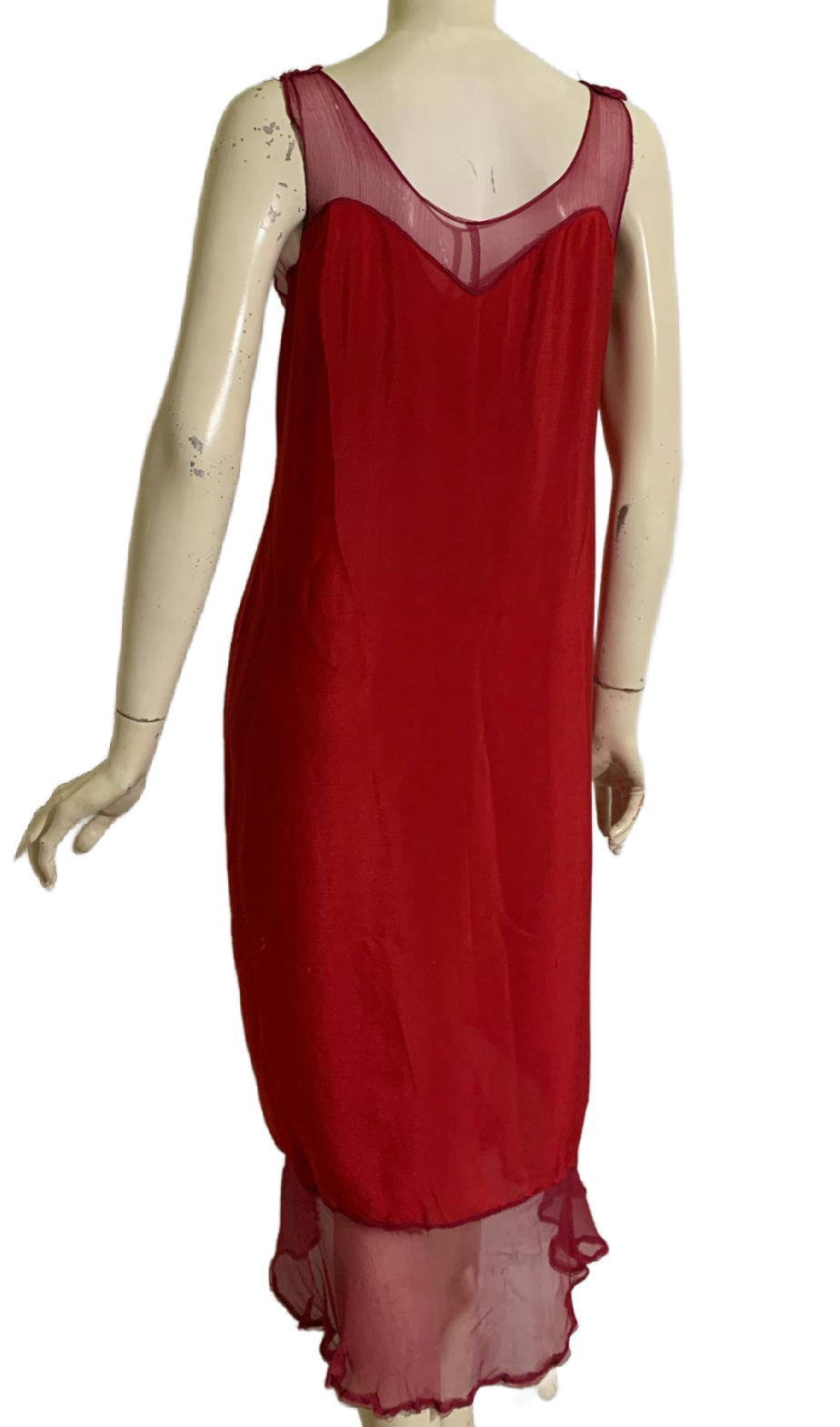 Rose Red Silk Slip Dress with Chiffon Neckline and Hem circa 1920s