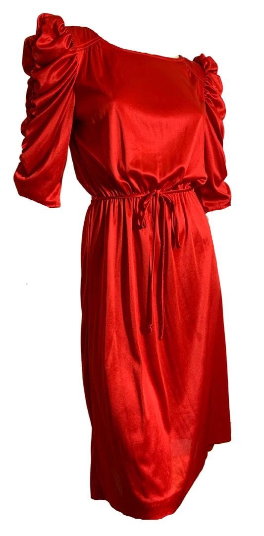 Candy Apple Red Nylon Disco Dress with Ruched Sleeves & Low Back circa 1980s