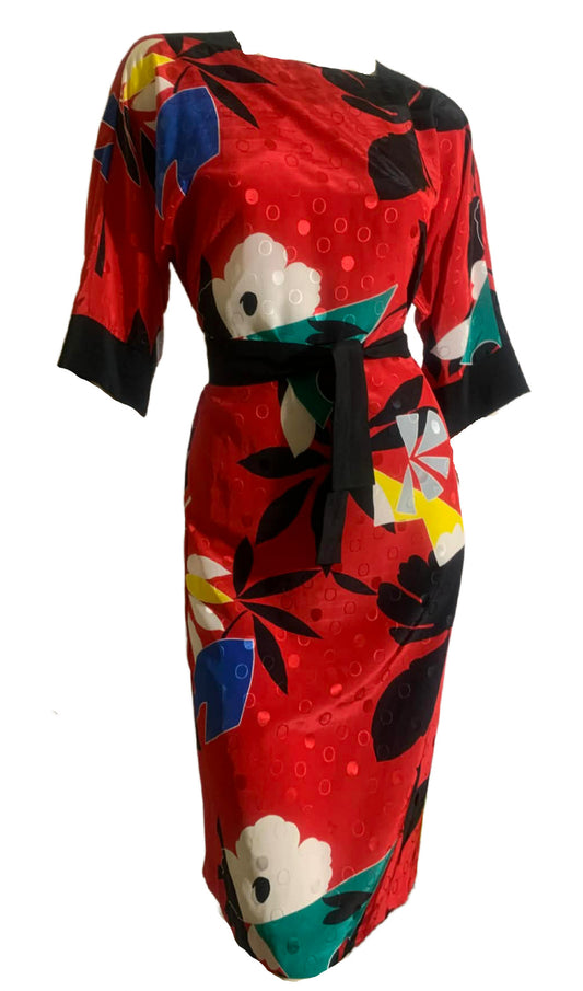 RESERVED Bold Floral Print Red Dress with Sash circa 1980s