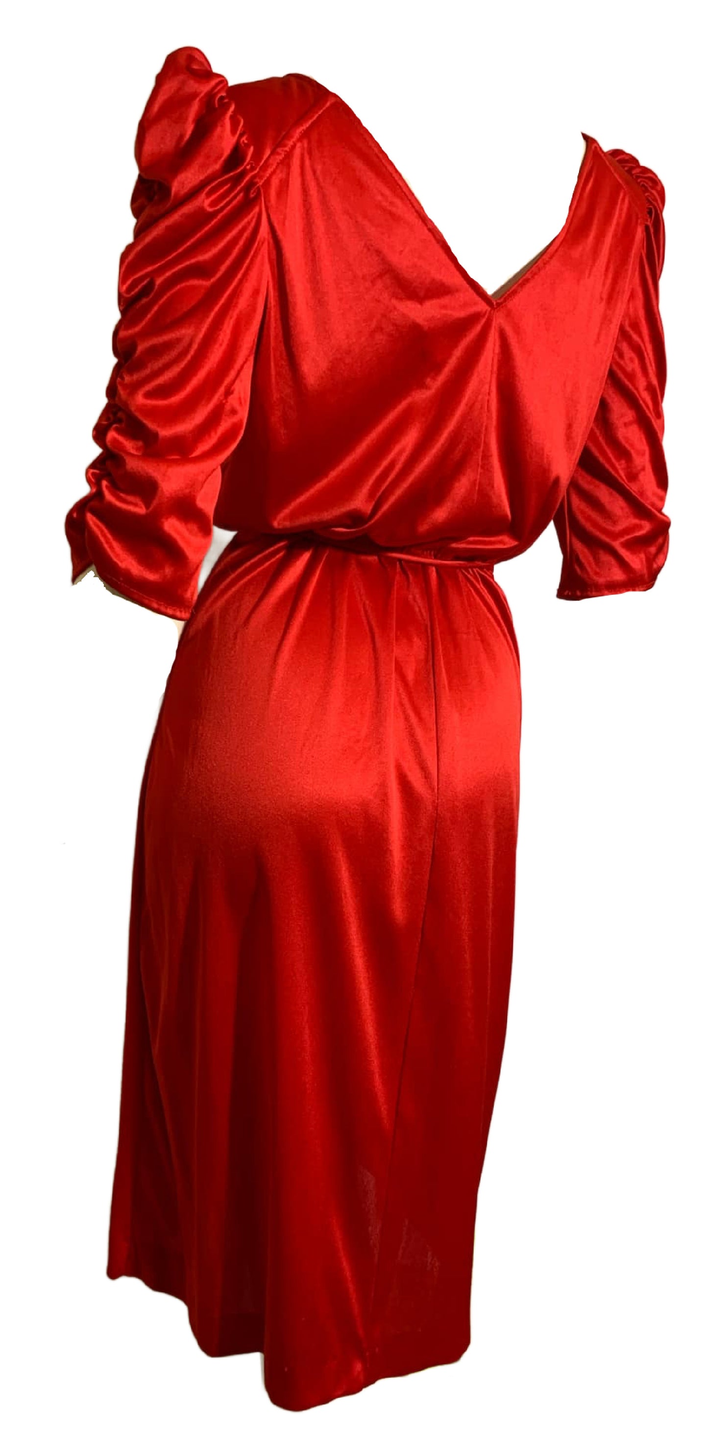 Candy Apple Red Nylon Disco Dress with Ruched Sleeves & Low Back circa 1980s