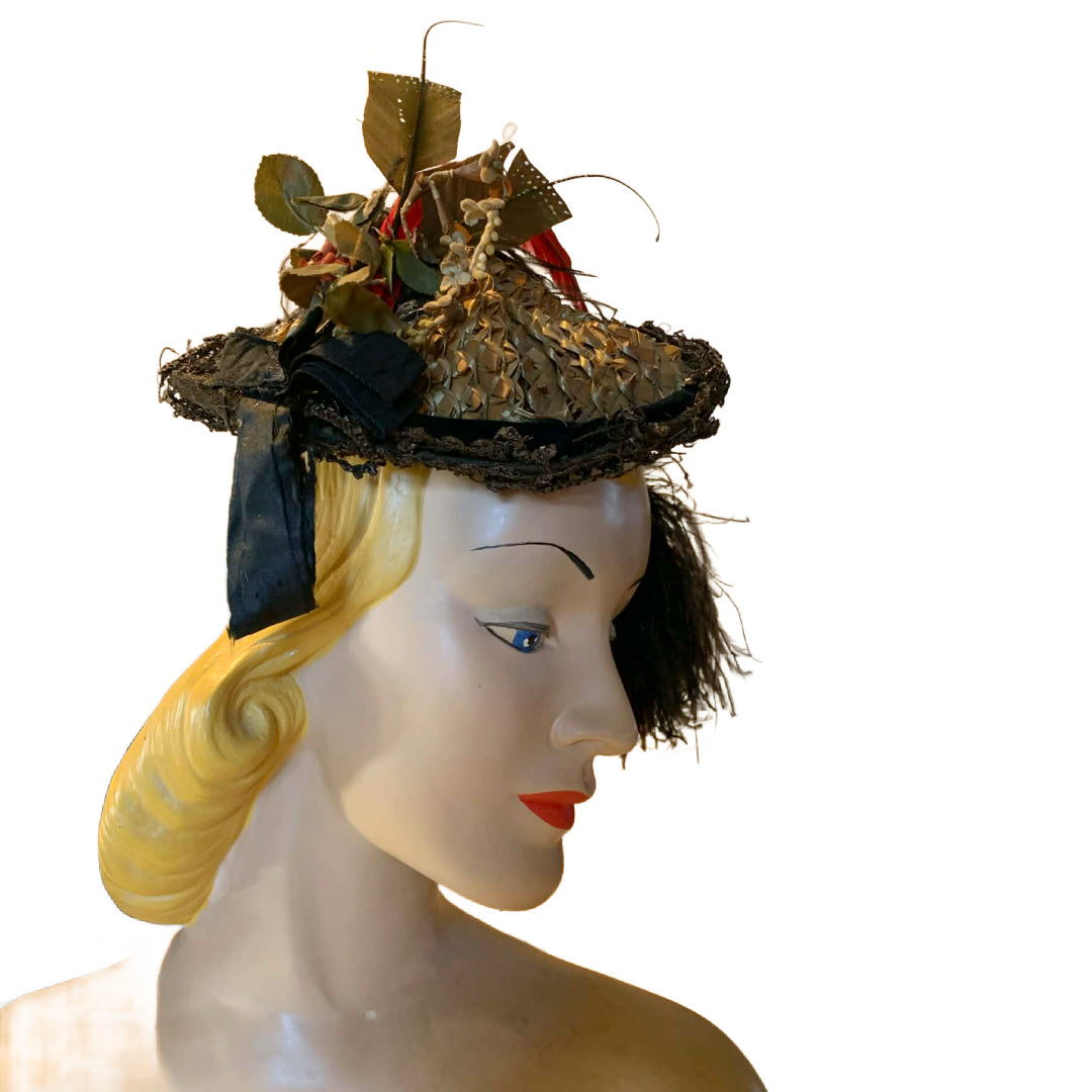 Little Foxes Plumed Straw Peaked Victorian Reimagined Antique Hat