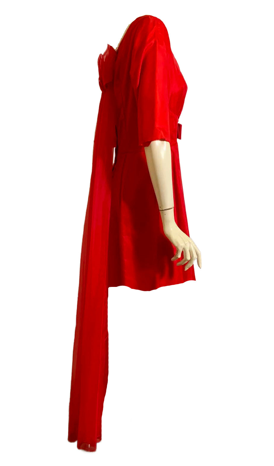 Lipstick Red Dress Watteau Train and Headpiece circa 1960s