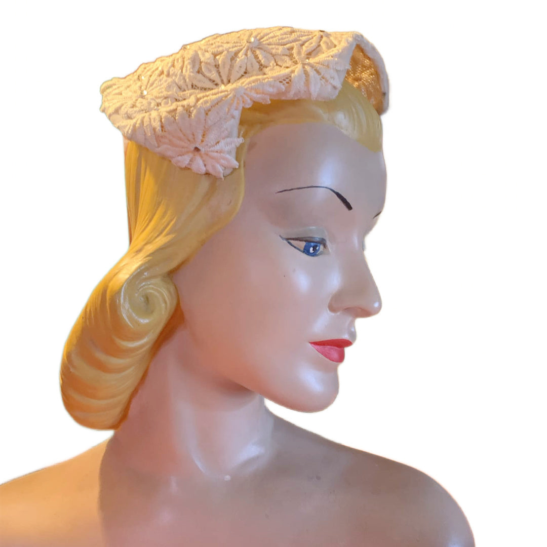 Wintry White Lace Cocktail Hat with Rhinestones circa 1950s