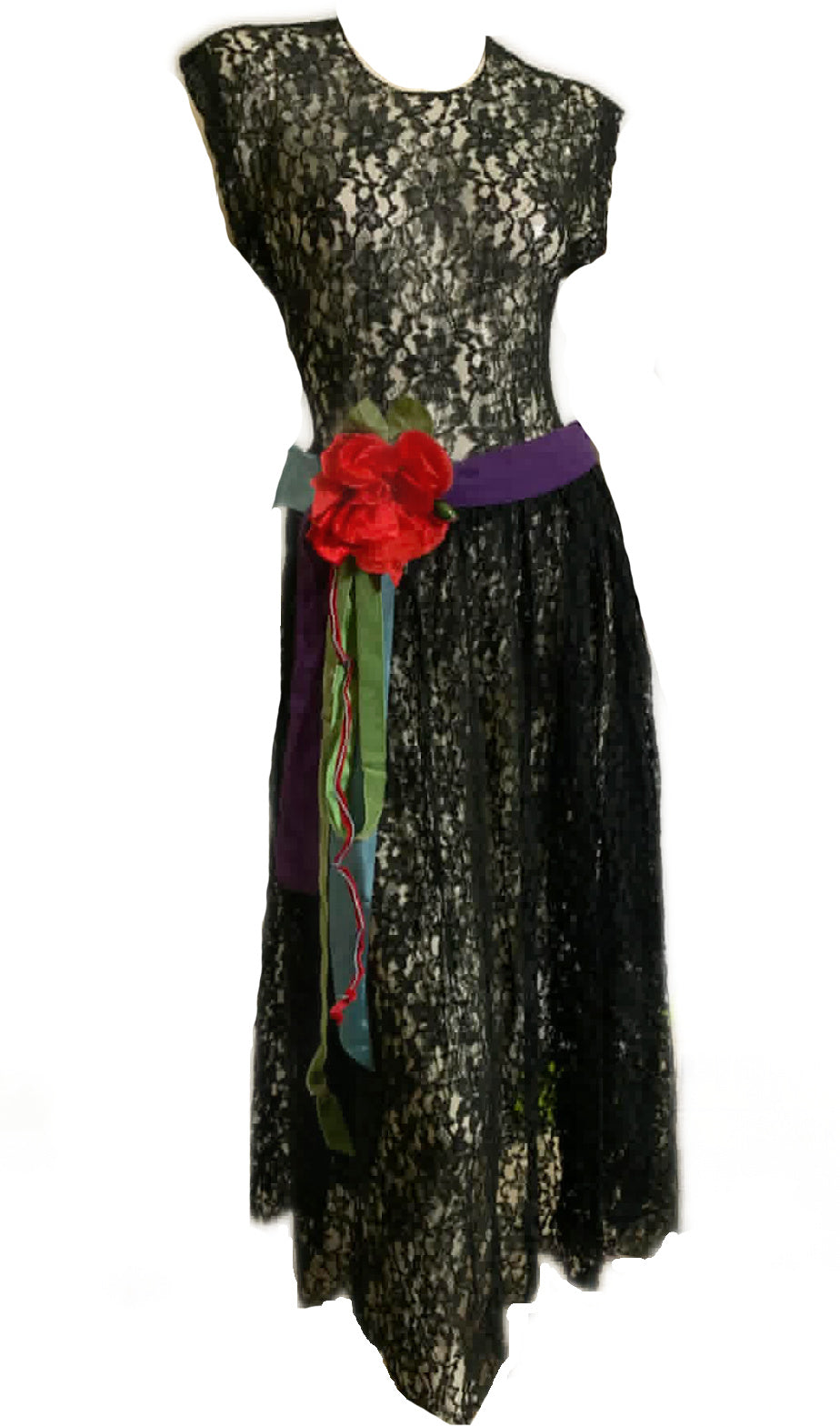 Ebony Black Lace Sheer Dress with Ribbons and Flowers circa 1940s