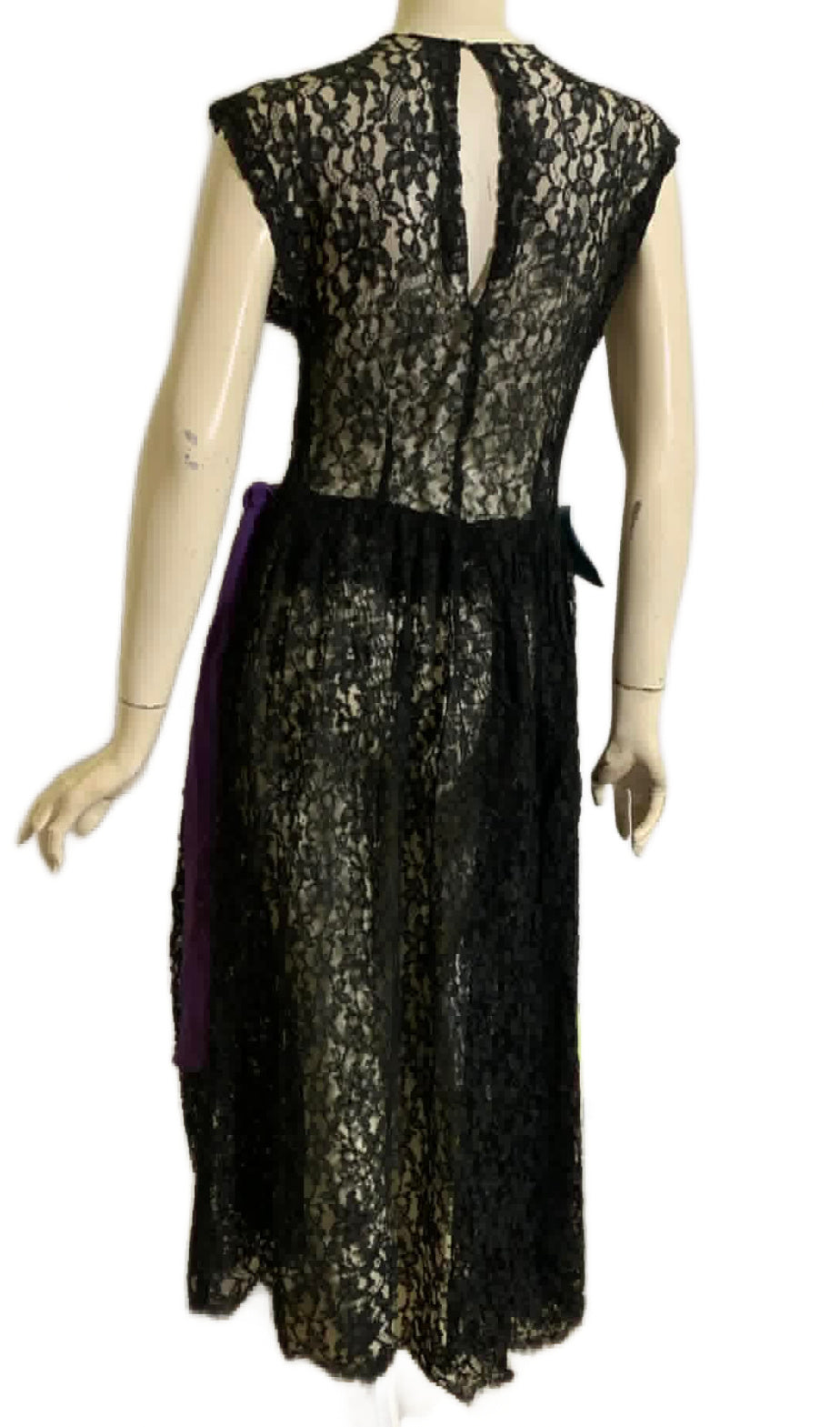 Ebony Black Lace Sheer Dress with Ribbons and Flowers circa 1940s