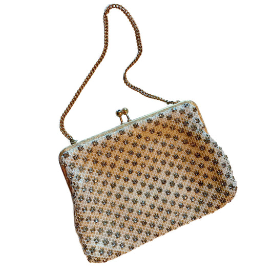 Ivory Mesh Fabric Handbag with Prong Set Rhinestones circa 1950s