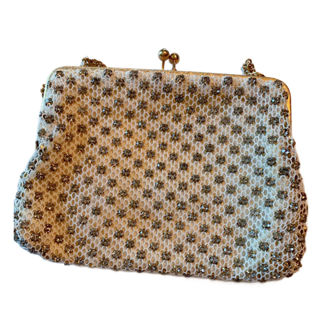Ivory Mesh Fabric Handbag with Prong Set Rhinestones circa 1950s