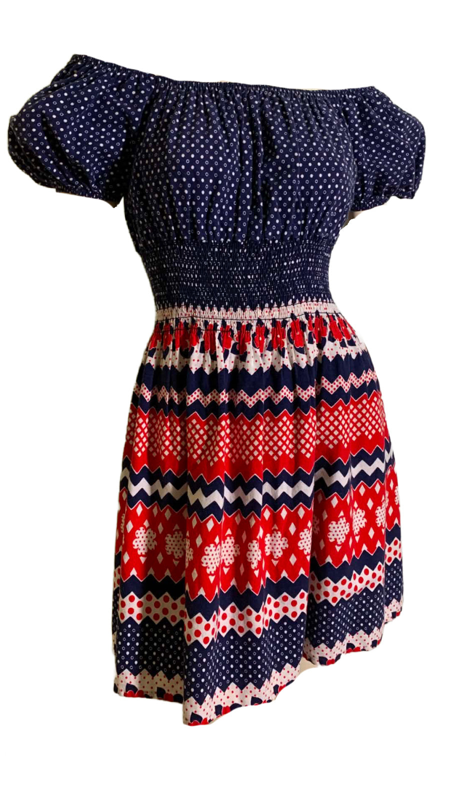 Perky Little Red White and Blue Smocked Bodice Mini Dress circa 1970s