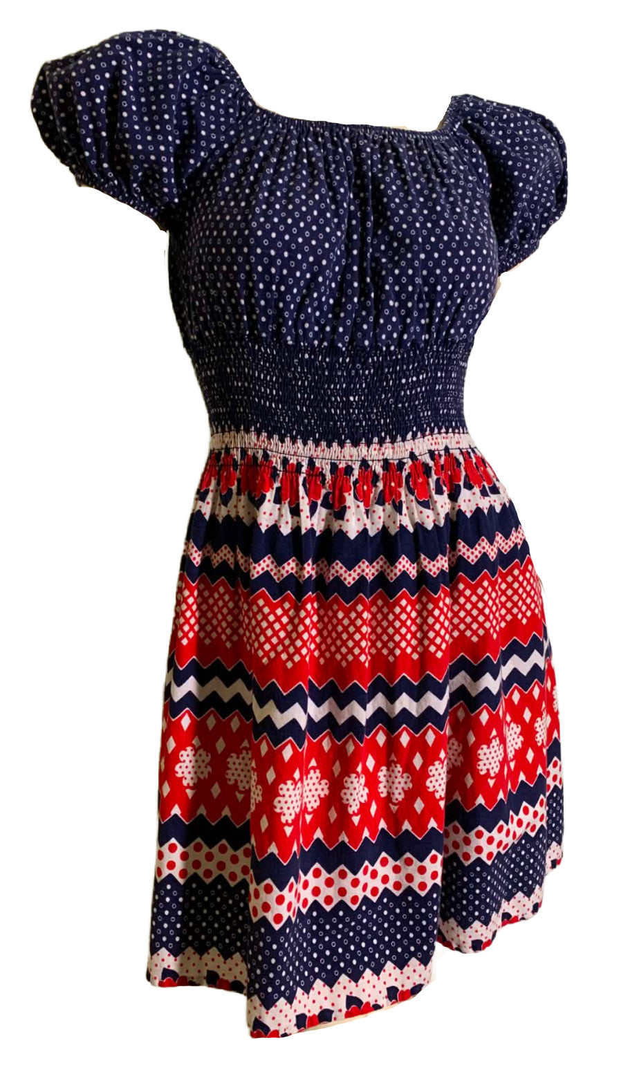 Perky Little Red White and Blue Smocked Bodice Mini Dress circa 1970s