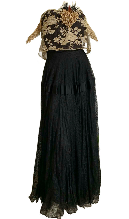 Holy Roller Reimagined Black Lace Strapless 1940s Gown with Lace and Sacred Heart Accent
