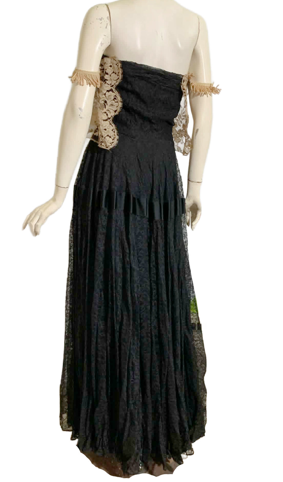 Holy Roller Reimagined Black Lace Strapless 1940s Gown with Lace and Sacred Heart Accent