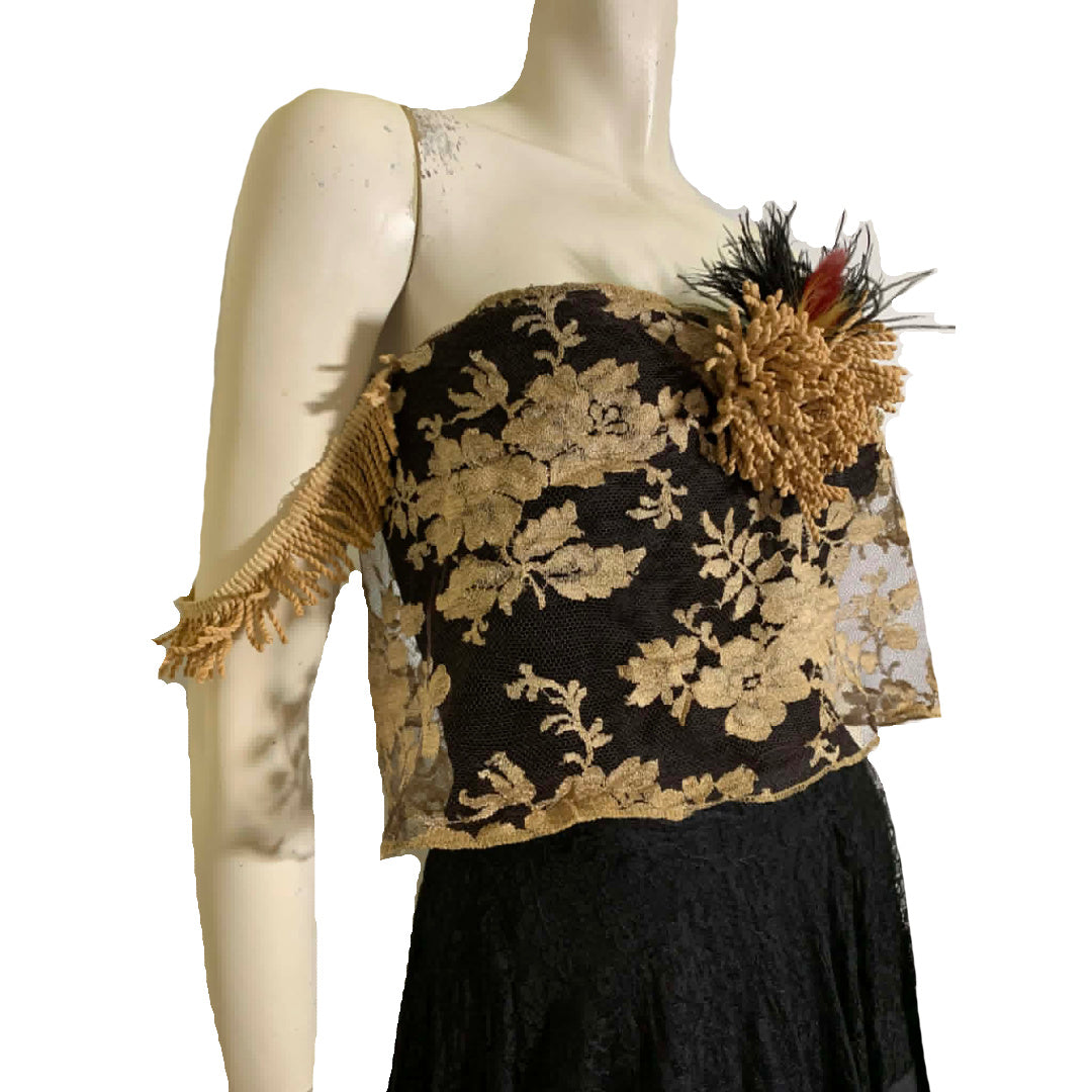 Holy Roller Reimagined Black Lace Strapless 1940s Gown with Lace and Sacred Heart Accent