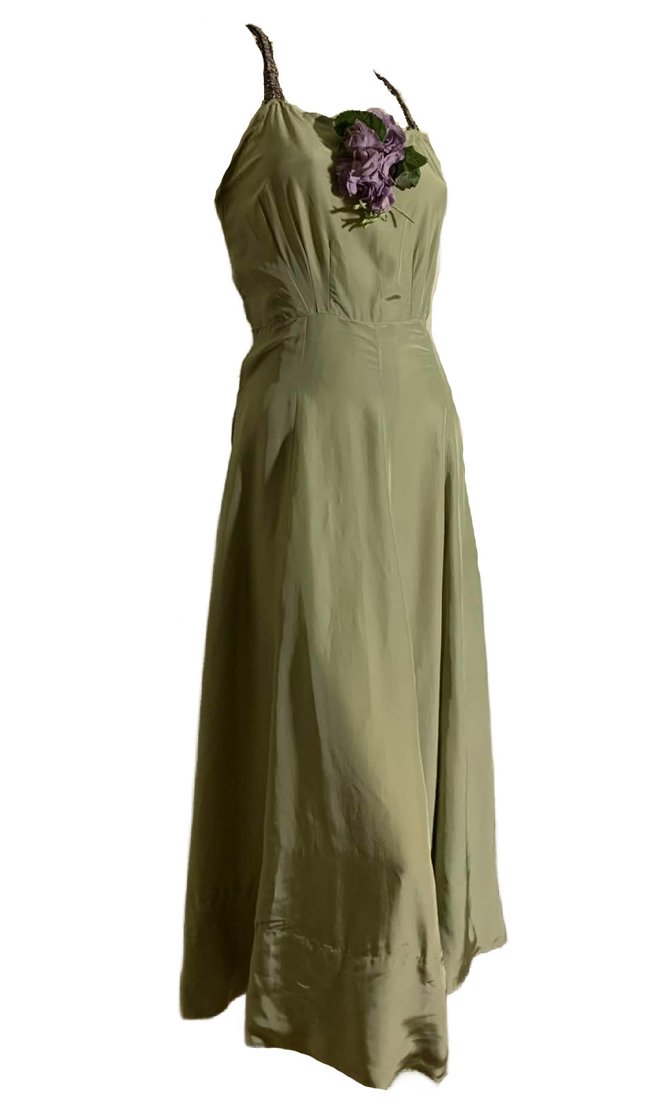 Bruise Violet Reimagined 1930s Sage Silk Dress with Violet Metallic Ribbon Straps and Flower Accent