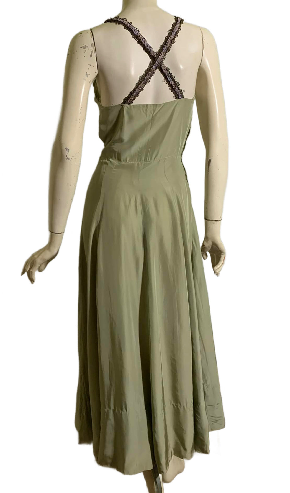 Bruise Violet Reimagined 1930s Sage Silk Dress with Violet Metallic Ribbon Straps and Flower Accent