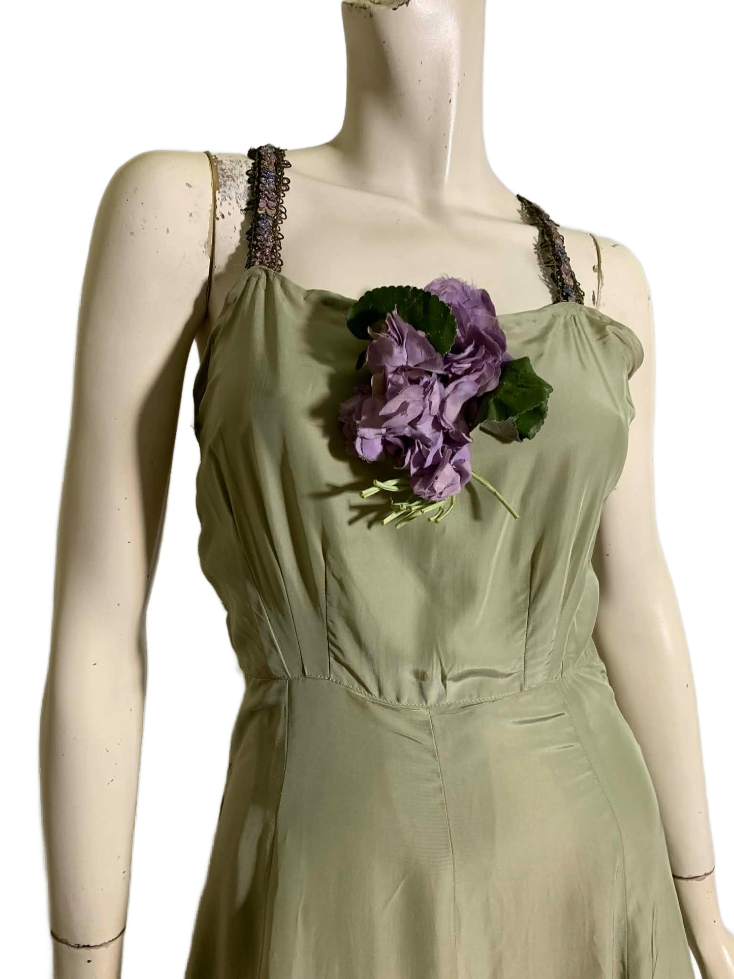 Bruise Violet Reimagined 1930s Sage Silk Dress with Violet Metallic Ribbon Straps and Flower Accent