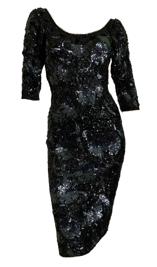 Iconic Black Wool Heavily Beaded and Sequined Cocktail Dress from Sands Hotel circa 1960s