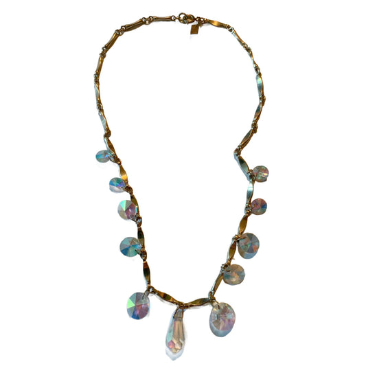 Aurora Borealis Crystal Dangle Gold Tone Metal Necklace circa 1960s