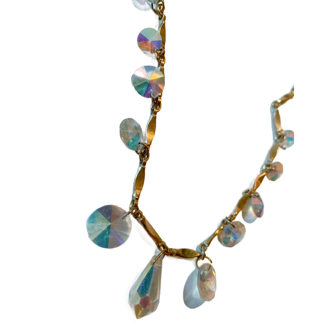 Aurora Borealis Crystal Dangle Gold Tone Metal Necklace circa 1960s