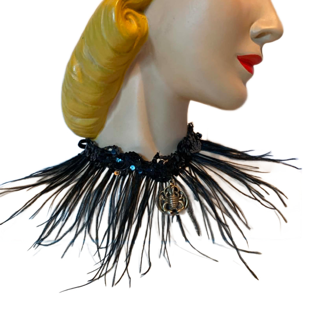 Scorpio- the Reimagined Black Sequined Lace Choker Necklace with Scorpion Pendant and Feathers