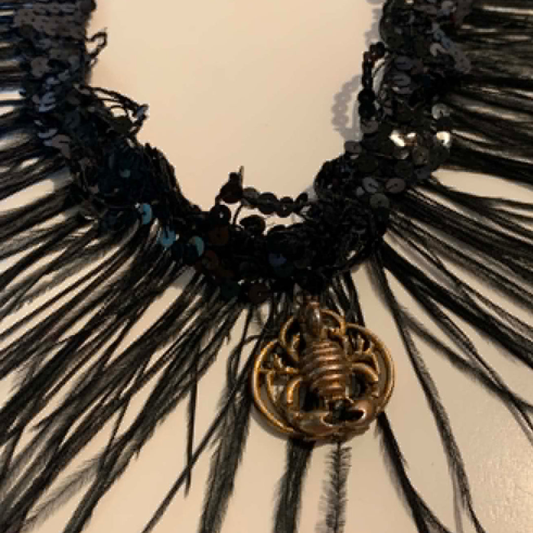 Scorpio- the Reimagined Black Sequined Lace Choker Necklace with Scorpion Pendant and Feathers