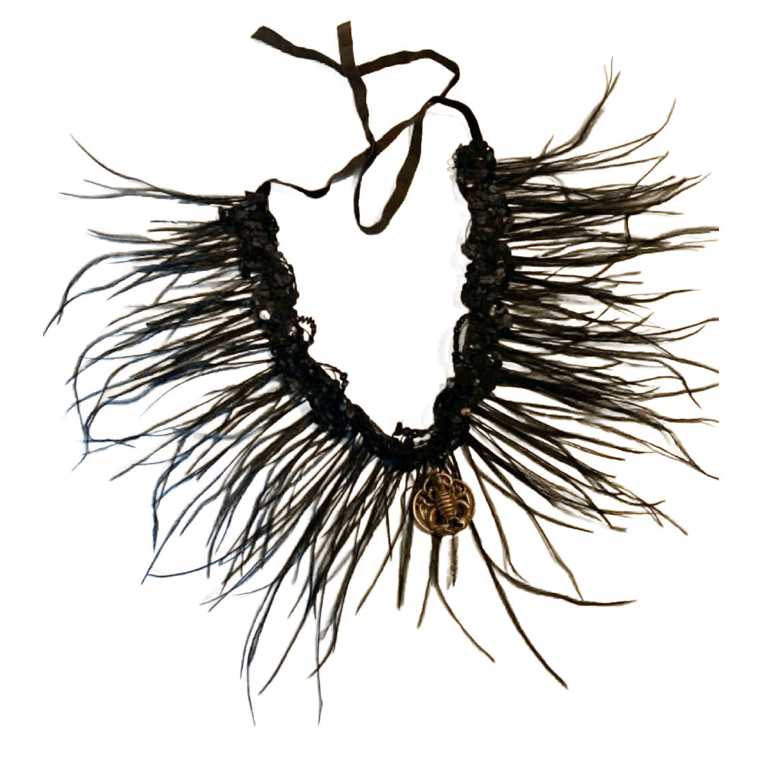 Scorpio- the Reimagined Black Sequined Lace Choker Necklace with Scorpion Pendant and Feathers