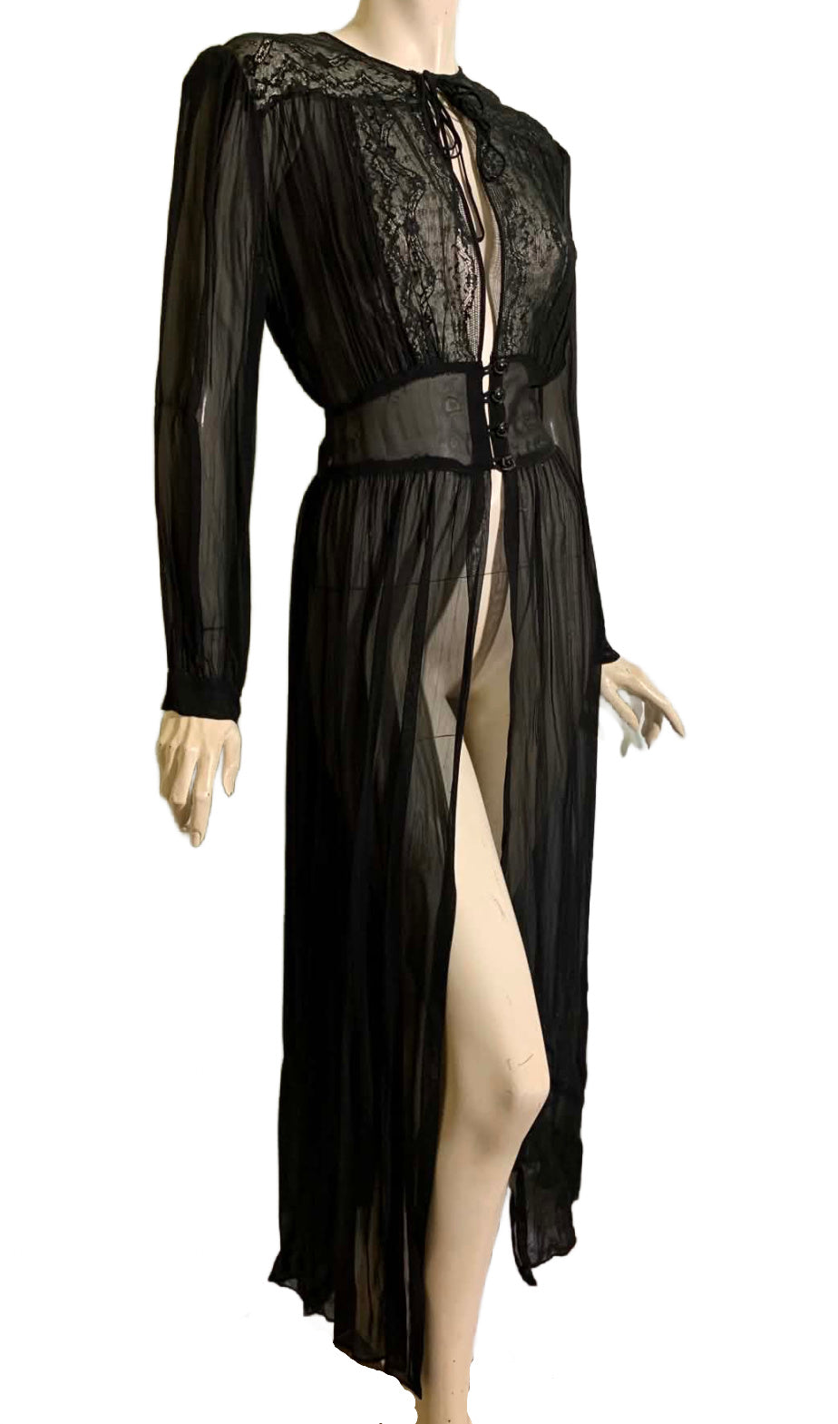 Sultry Sheer Black Lace Trimmed Boudoir Robe circa 1940s