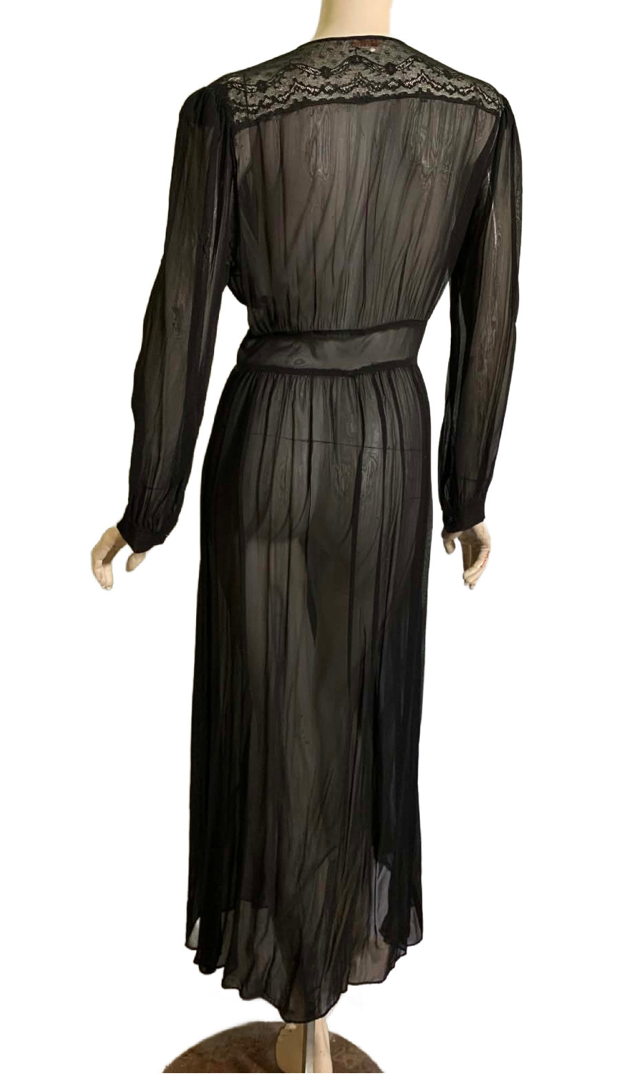 Sultry Sheer Black Lace Trimmed Boudoir Robe circa 1940s