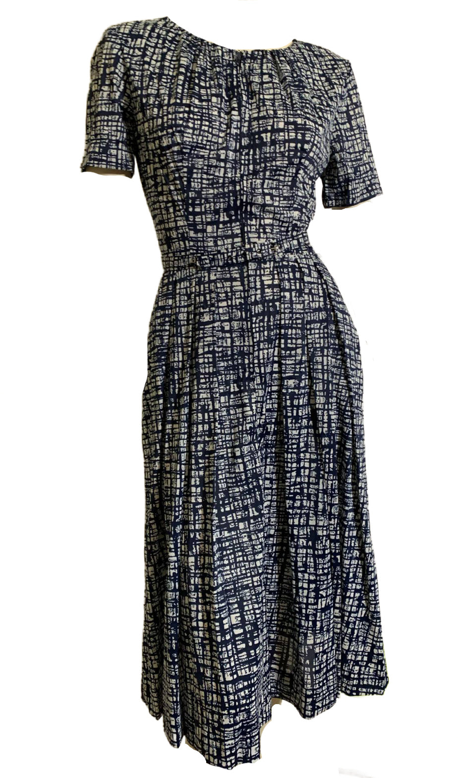 Blue and White Abstract Sketchwork Print Jersey Nylon Dress and Jacket circa 1960s