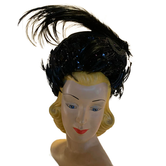 Feather and Sequined Turban Inspired Black Wool Hat circa 1940s