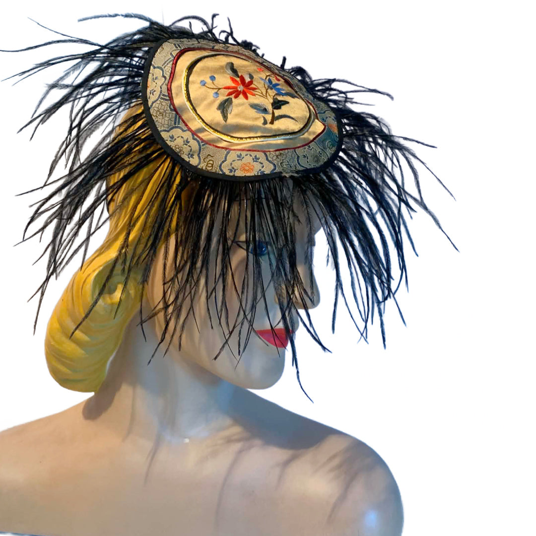 Peiping Station- the Antique Embroidered Asian Silk Textile and Feathers Fascinator Hat