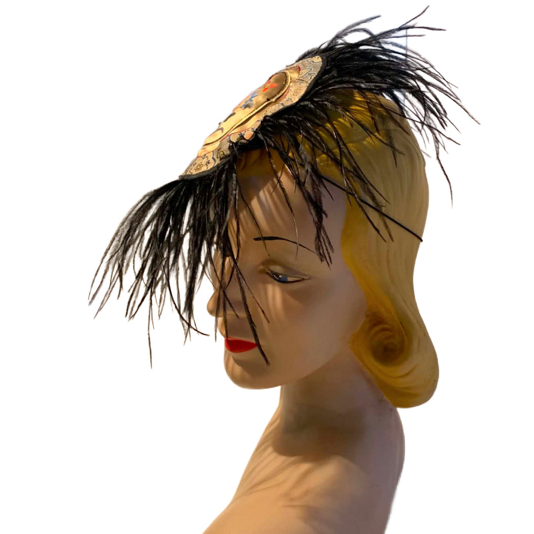 Peiping Station- the Antique Embroidered Asian Silk Textile and Feathers Fascinator Hat