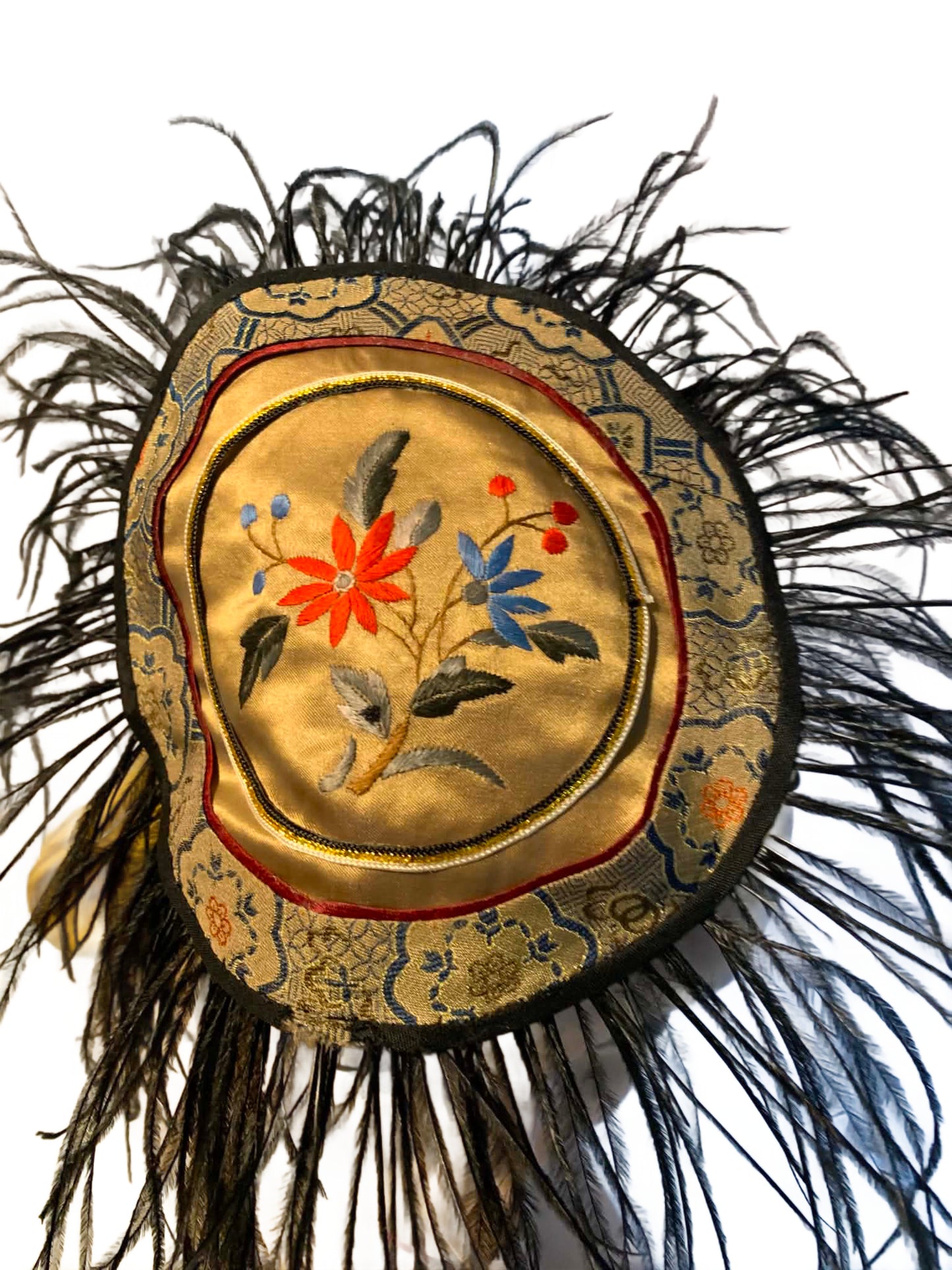 Peiping Station- the Antique Embroidered Asian Silk Textile and Feathers Fascinator Hat