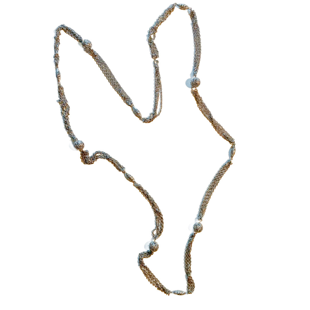 Super Long Silver Tone Metal Double Chain and Filigree Ball Necklace circa 1970s