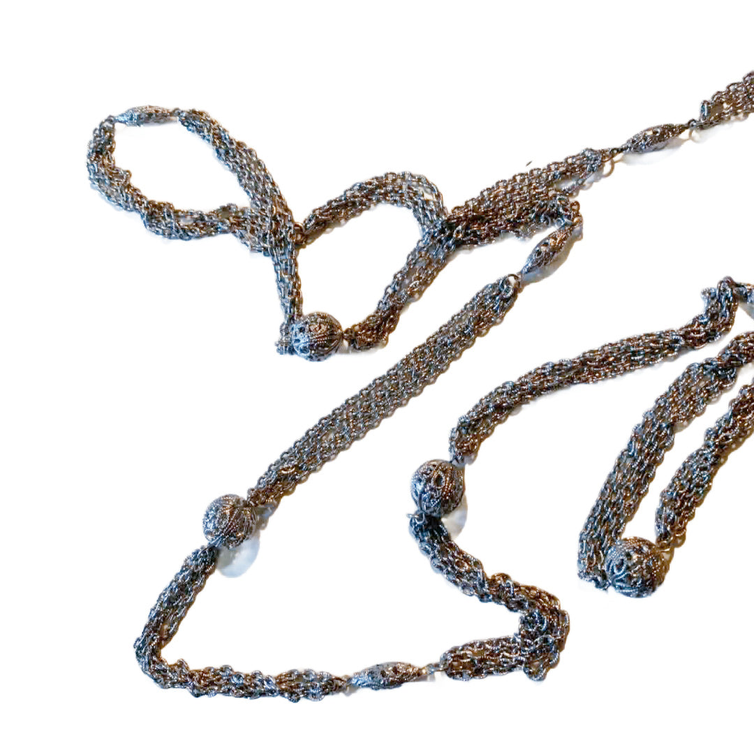 Super Long Silver Tone Metal Double Chain and Filigree Ball Necklace circa 1970s