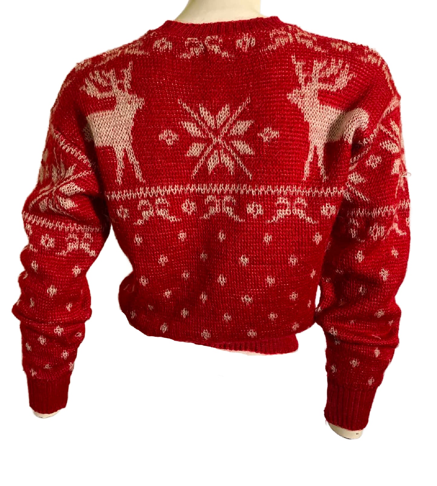 Red and White Intarsia Knit Ski Sweater with Reindeer and Bows circa 1940s