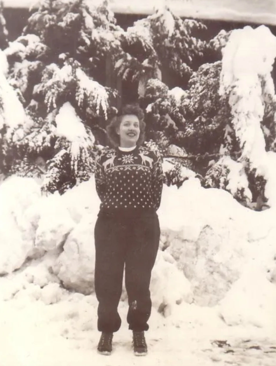 Red and White Intarsia Knit Ski Sweater with Reindeer and Bows circa 1940s