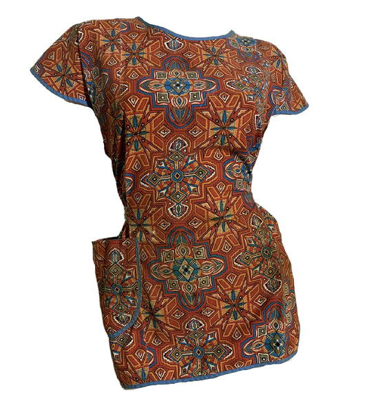Autumnal Medallion Print Open Back Smock Waist Tie circa 1960s