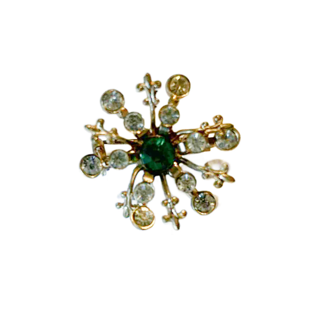 Emerald Green Rhinestone Snowflake Brooch with Fleur de Lis circa 1950s
