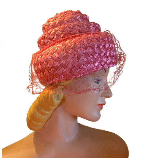 Shocking Pink Spiraled Tiered Hat with Veiling circa 1960s