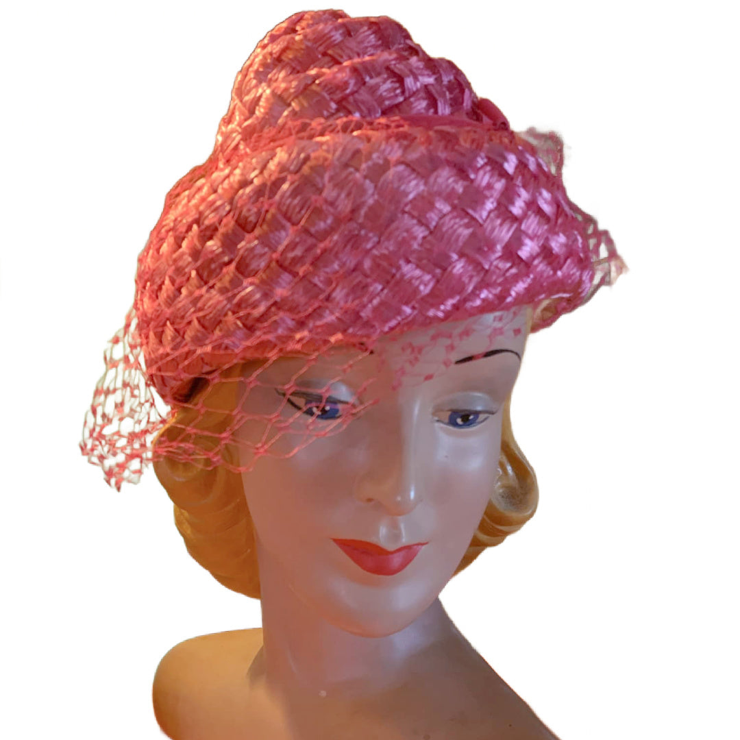 Shocking Pink Spiraled Tiered Hat with Veiling circa 1960s