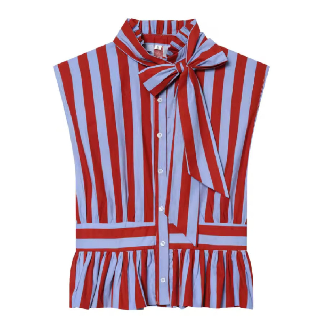 Trapezius- the Circus Striped Sleeveless Blouse with Bow
